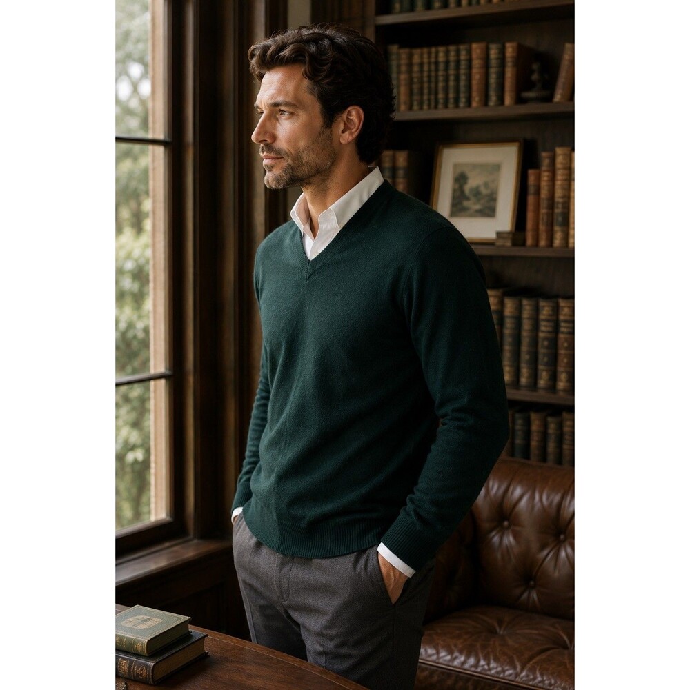 John W. Nordstrom XL Forest Green 100% Cashmere Knit V Neck Pullover Sweater